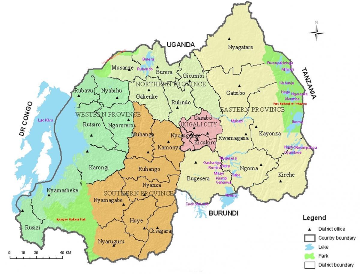 नक्शा रवांडा के साथ जिलों और क्षेत्रों